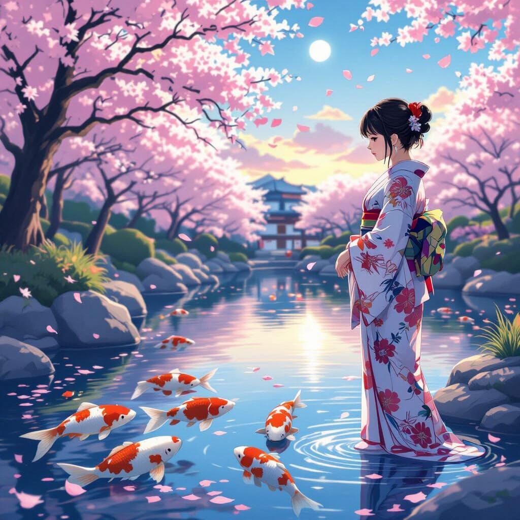 Woman at Koi Pond in Anime Style