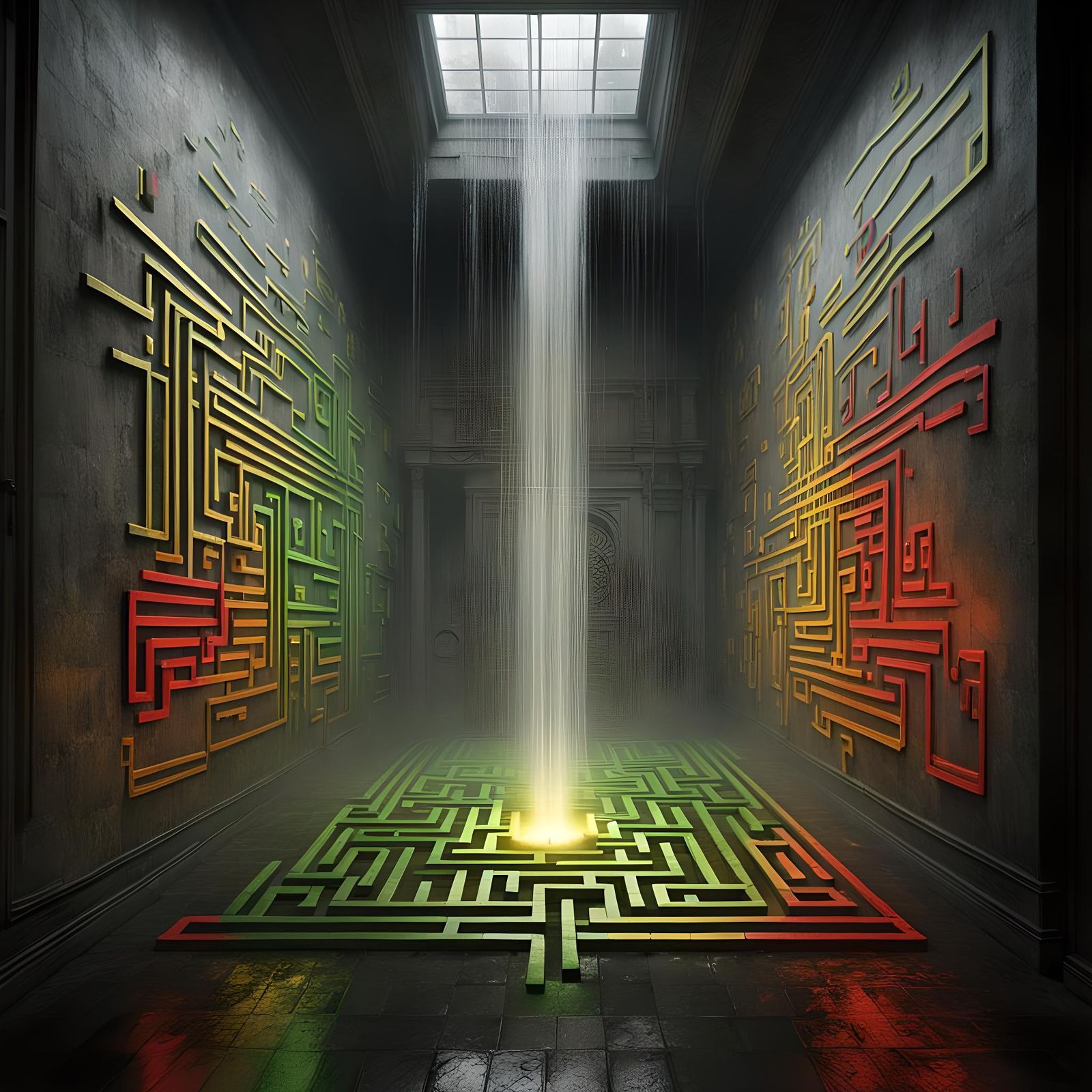 Eerie Labyrinth with Glowing Steam Trails