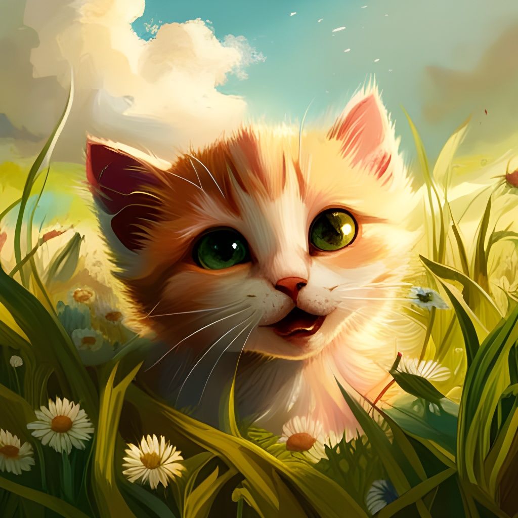 Adorable Kitten in Grassy Field: Hyperrealistic Splash Art