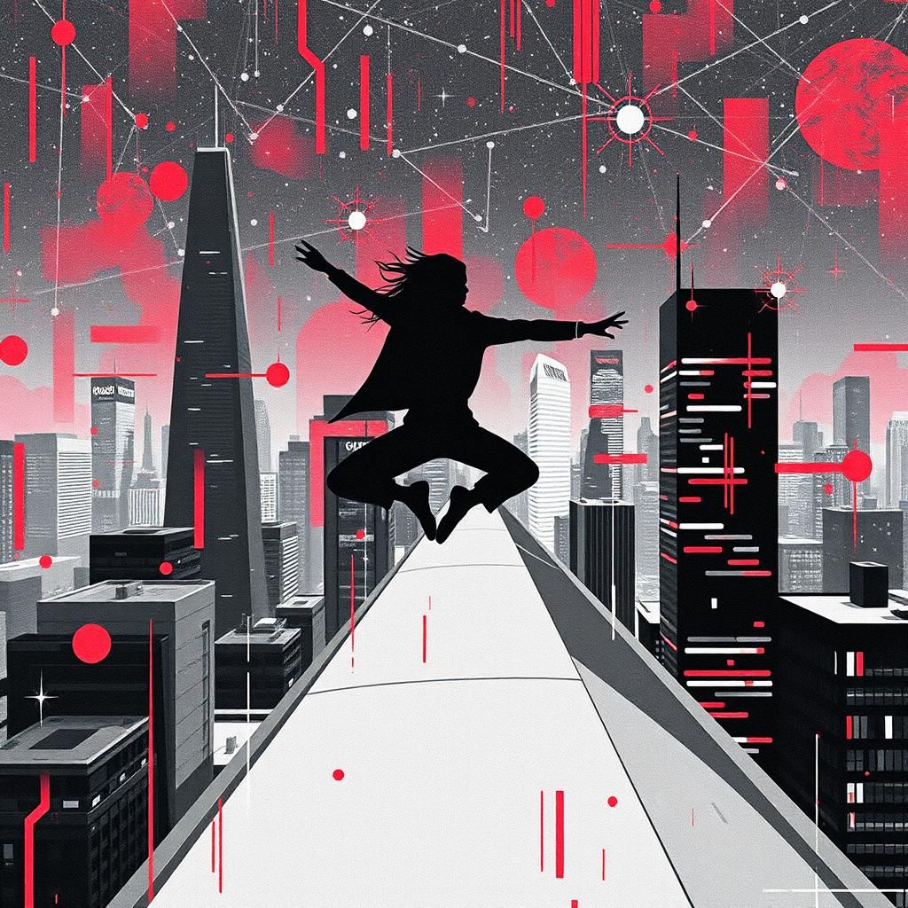 Woman's Parkour Performance in Glitch Art Cityscape