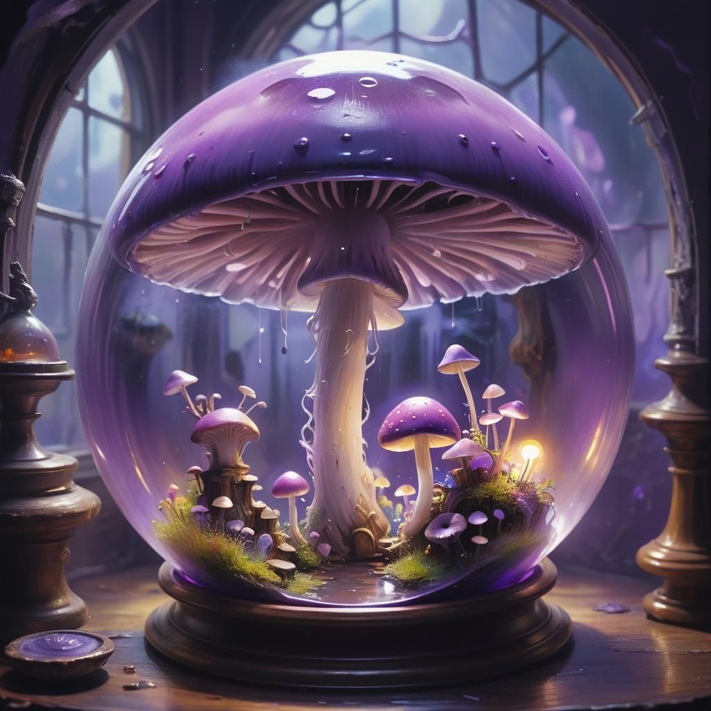 Glowing Mushroom in Spherical Room: Oil Impressionism