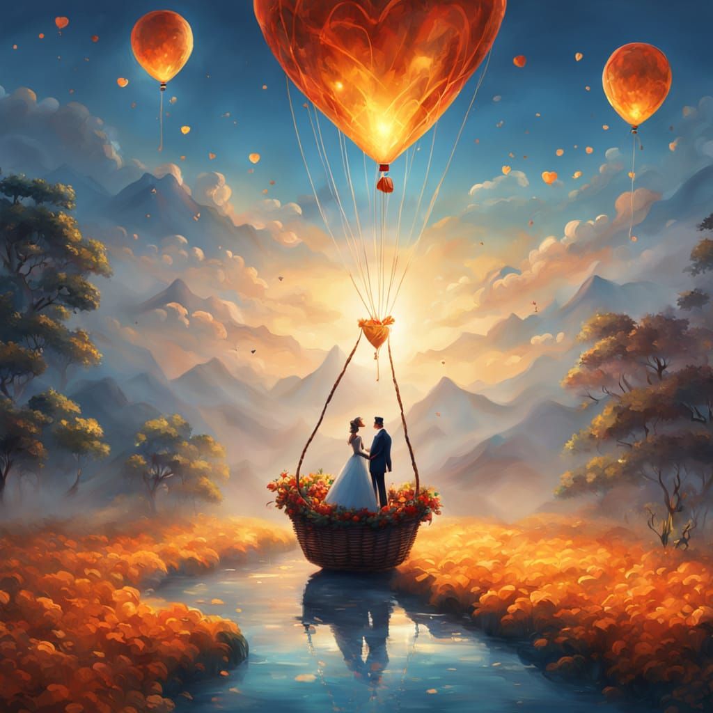 Newlyweds' Heart Balloon Ride: Vibrant Oil Painting