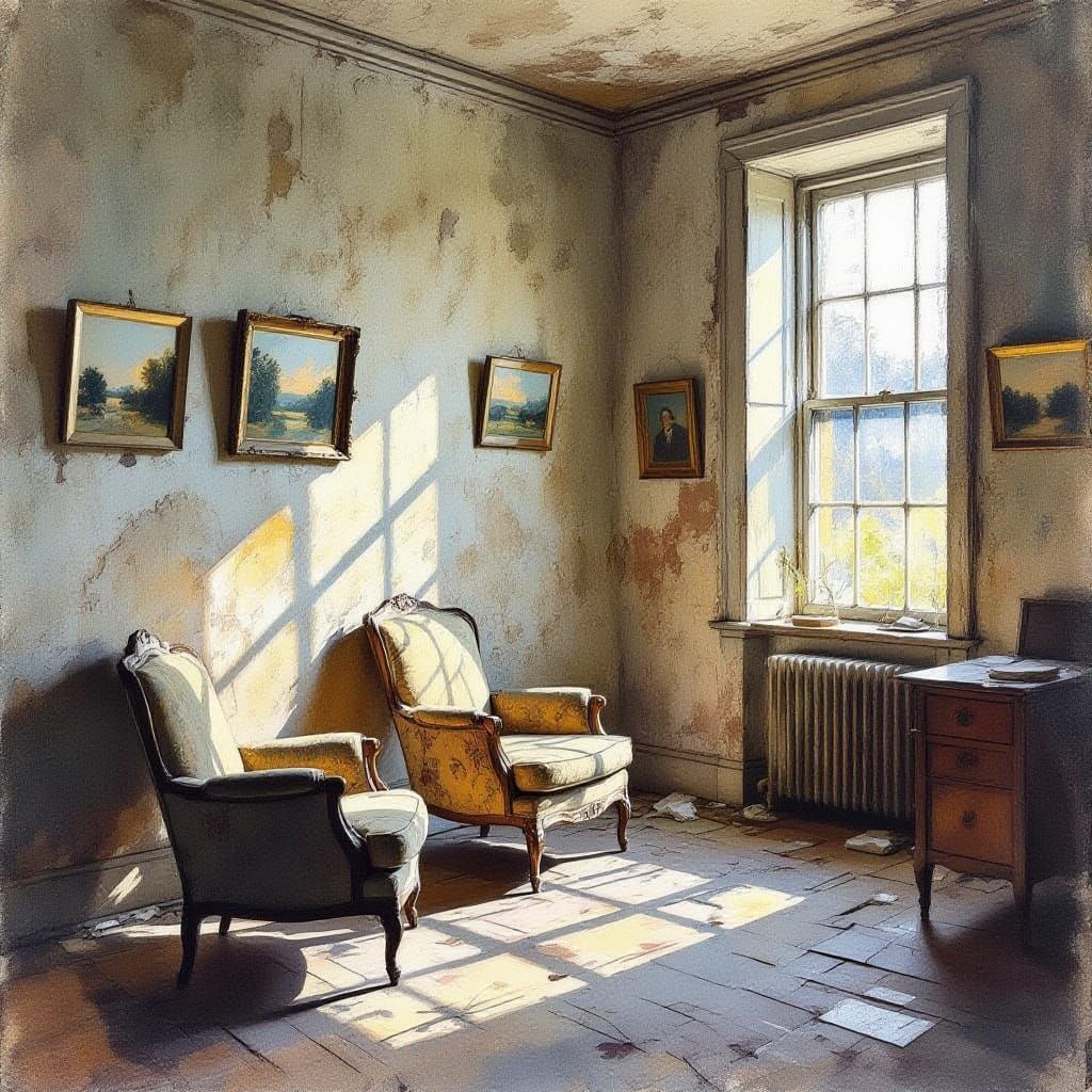 Abandoned Room with Decaying Furniture in Watercolor Style