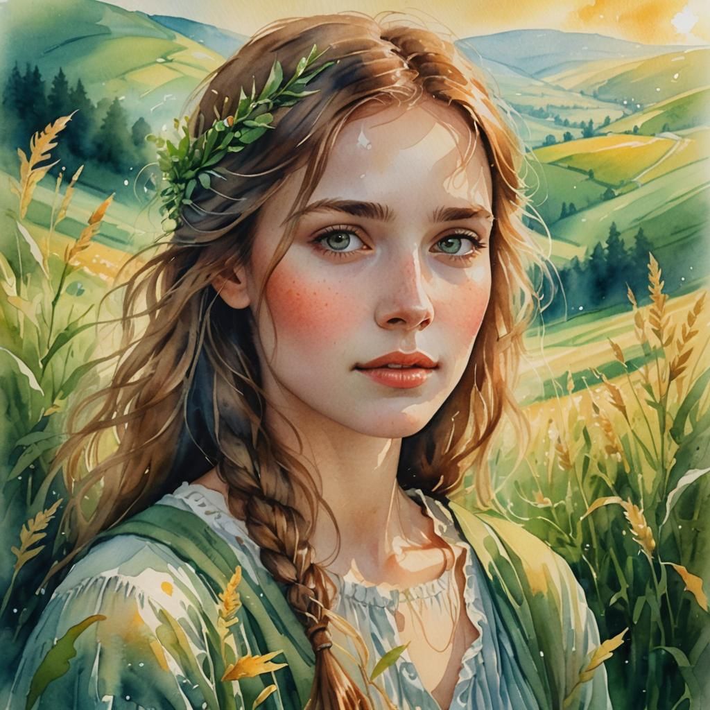Amnesiac Beauty in Swiss Fields: Watercolor Portrait