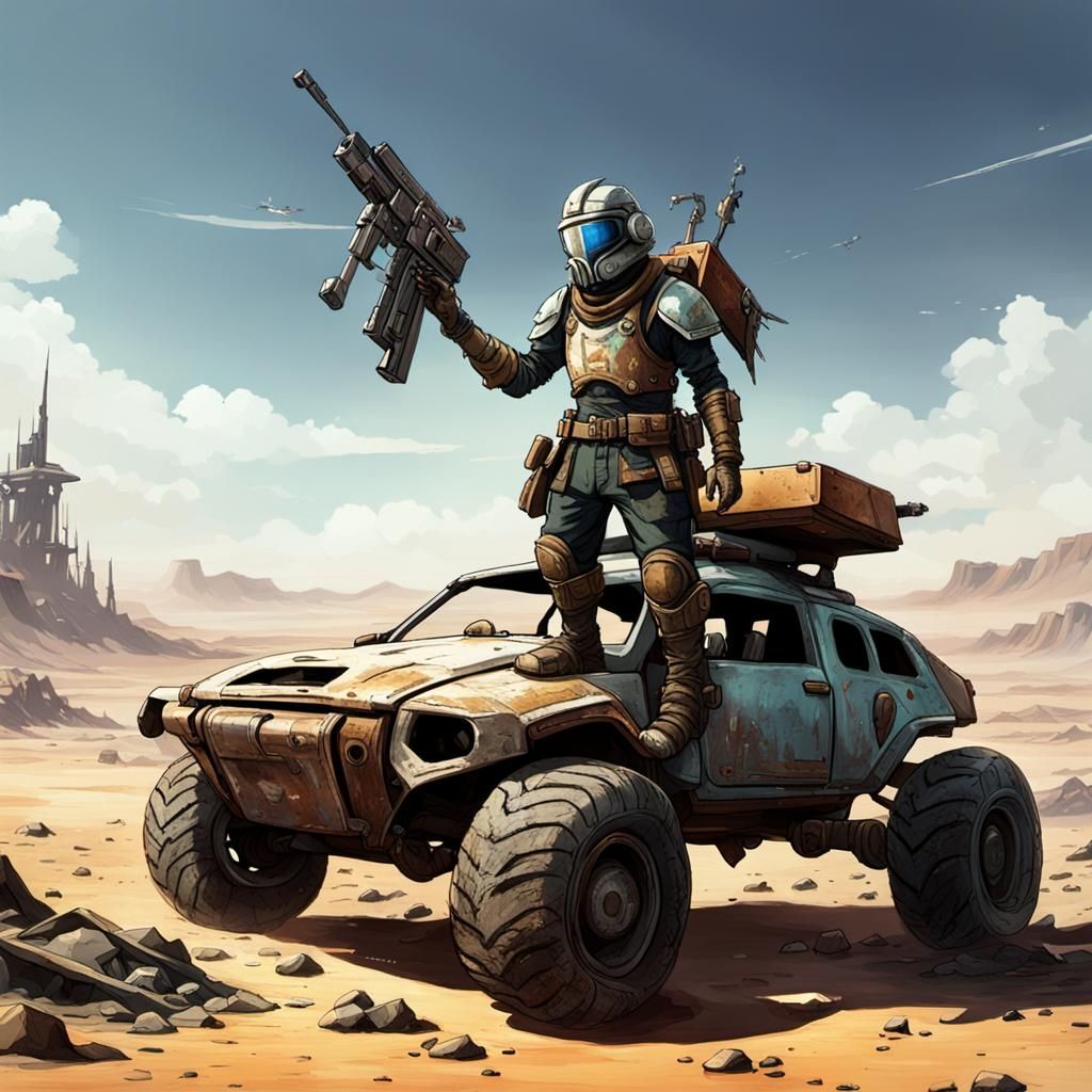 Wasteland Scavenger Searches Deserted Vehicle
