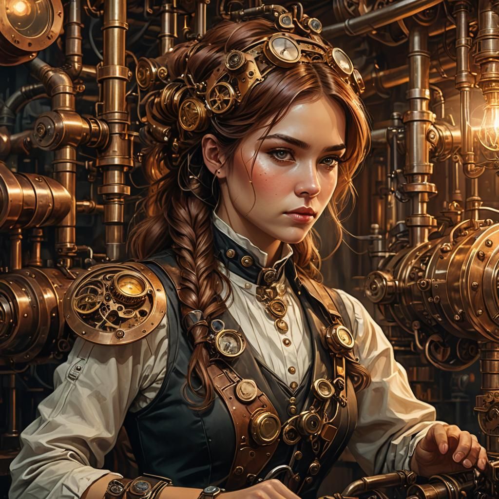 Steampunk Woman Operates Engine in Dim Laboratory