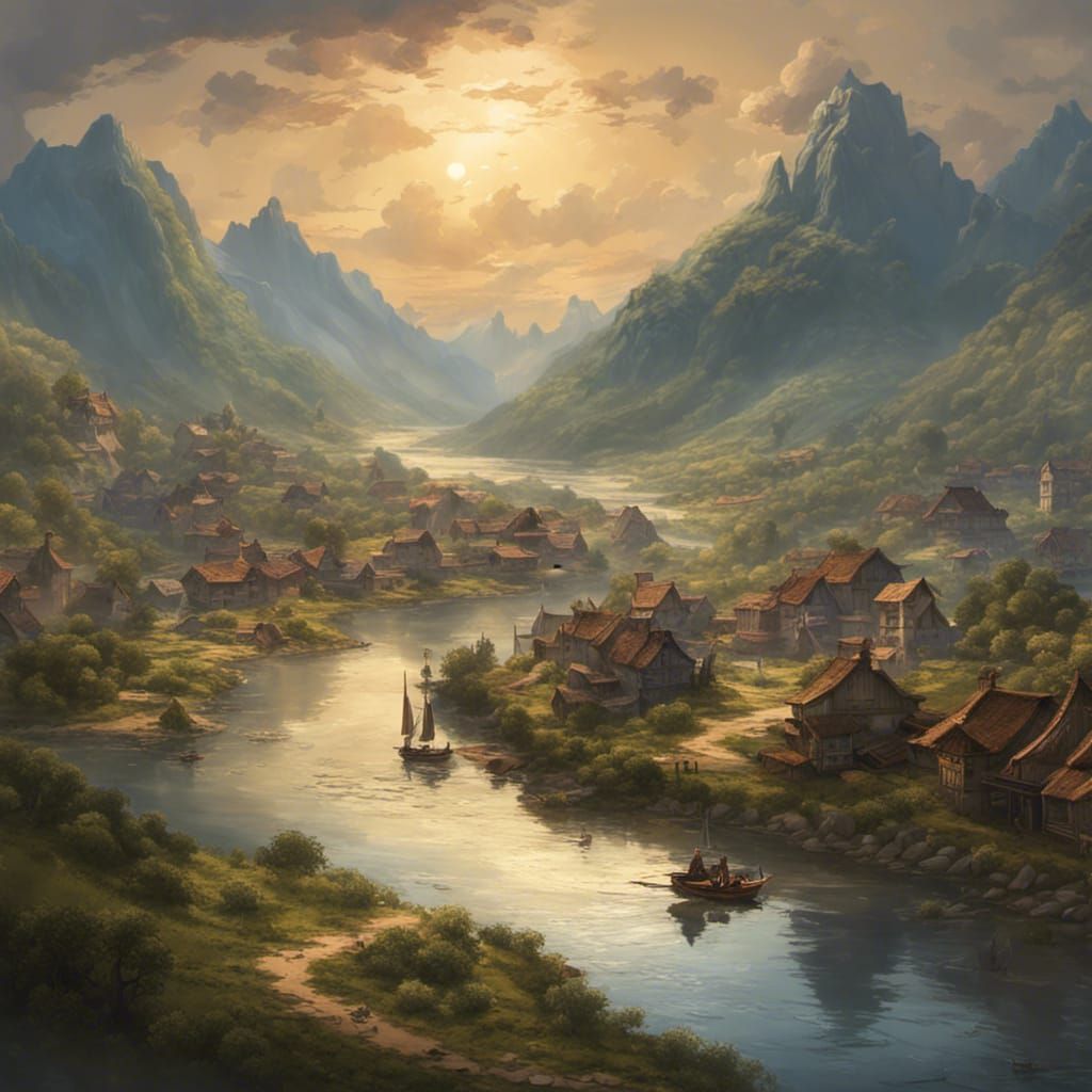 Picturesque River Landscape at Sunset in Fantasy Art Style