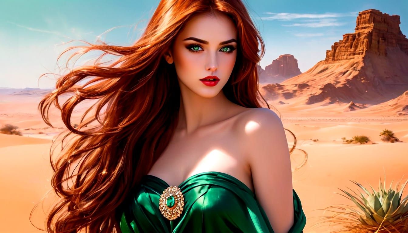 Exotic Anime Muse in Martian Desert, Watercolor Art