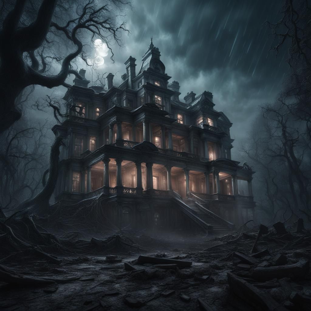 Eerie Haunted Mansion in Stormy Forest