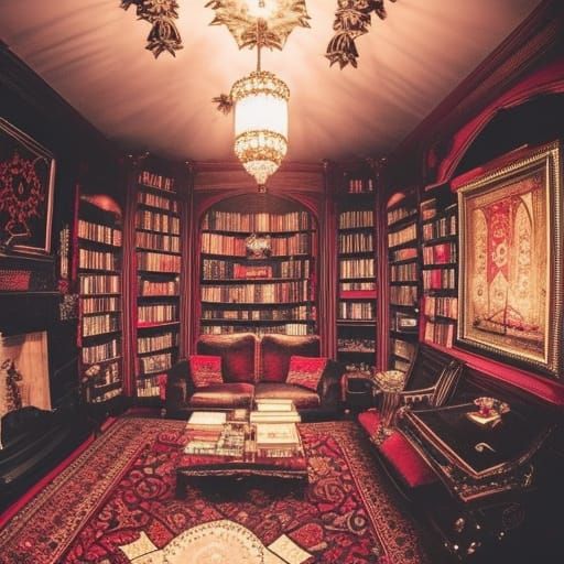 Very charming Black and red Gothic living room with lots of crystals and gemstones and candles and Elegant Gothic rugs a...