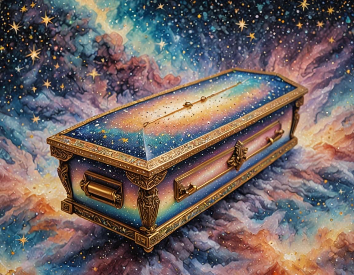Ornate Coffin Floating in Nebula as Pointillism Art