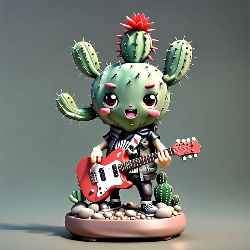 Punk Rock Cactus Figurine Plays Guitar in 3D