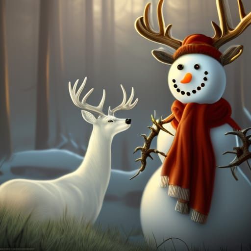 Snowman and Deer: Detailed Fantasy Matte Painting