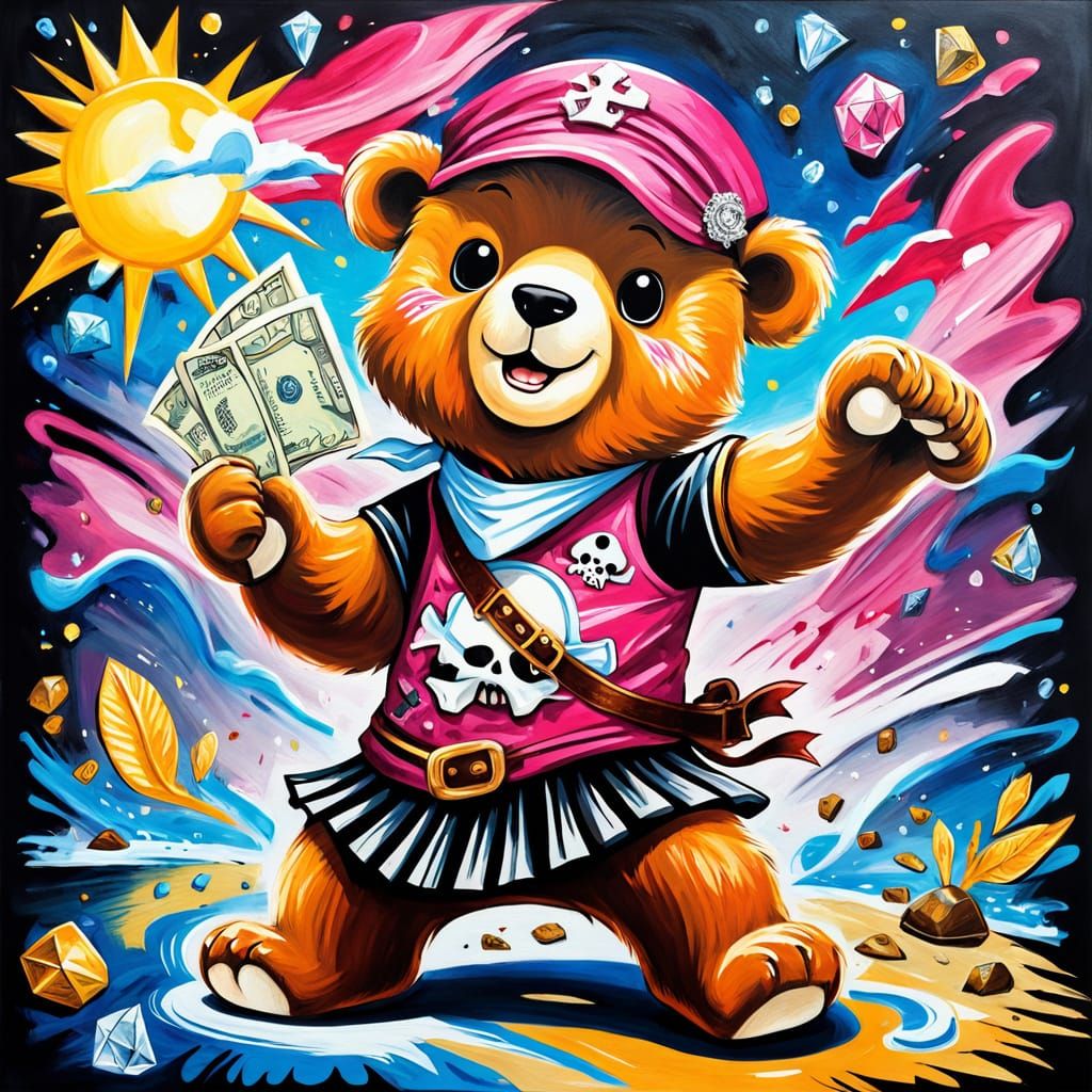 Joyful Pink Pirate Bear in Cartoon Graffiti Style
