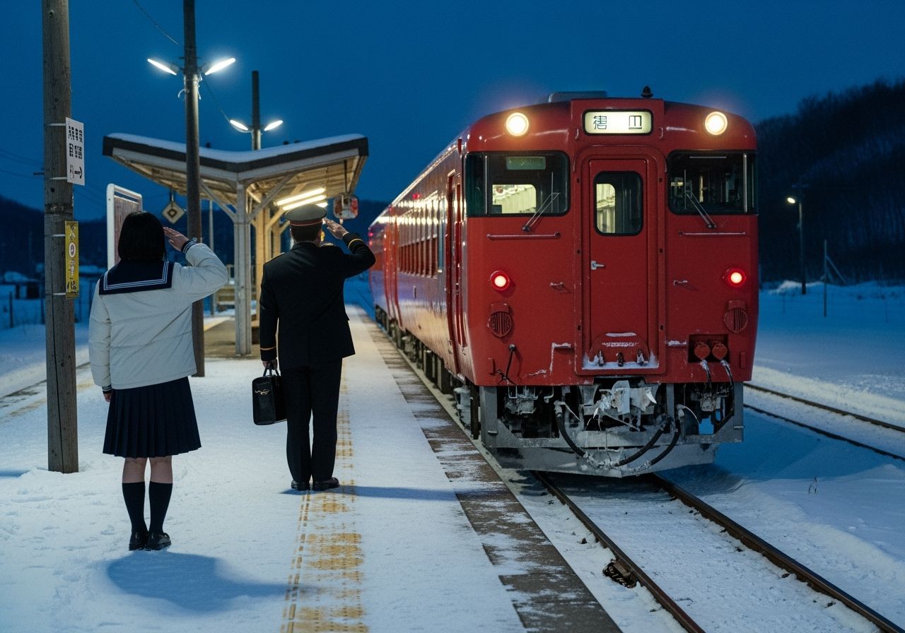 Stationmaster Salutes Train on Snowy Hokkaido Line
