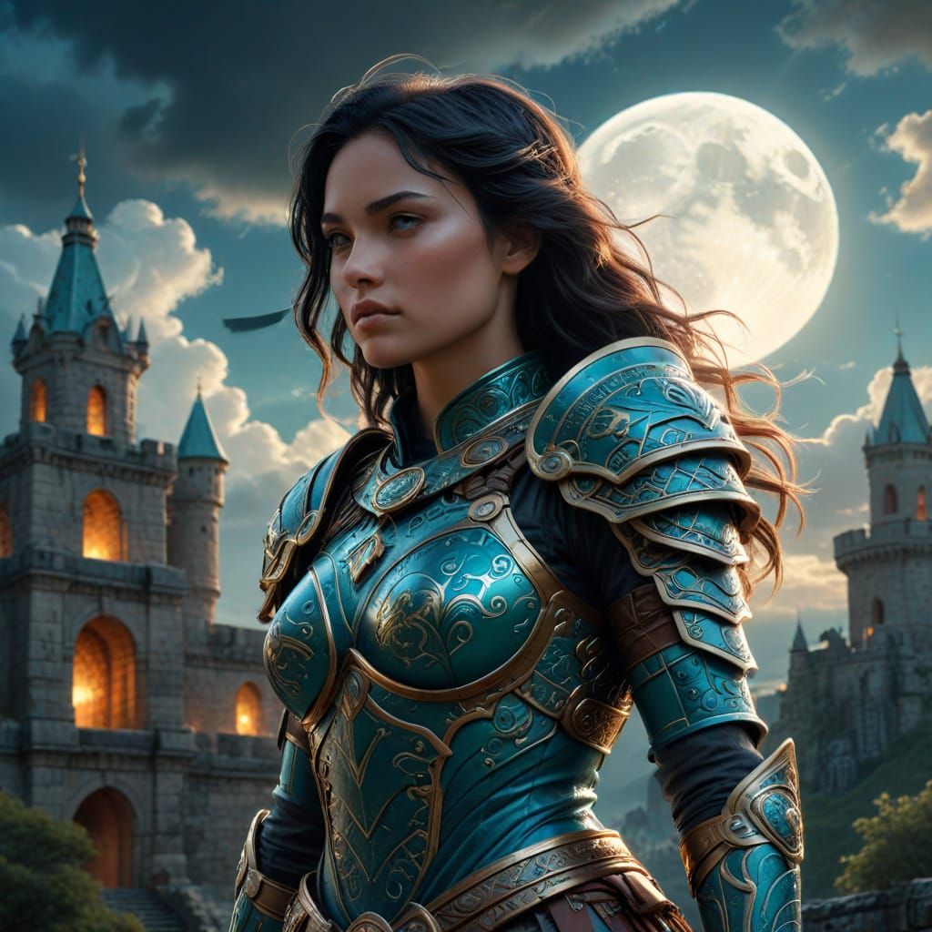 Mayan Lady Knight in Teal Armor Under Full Moon