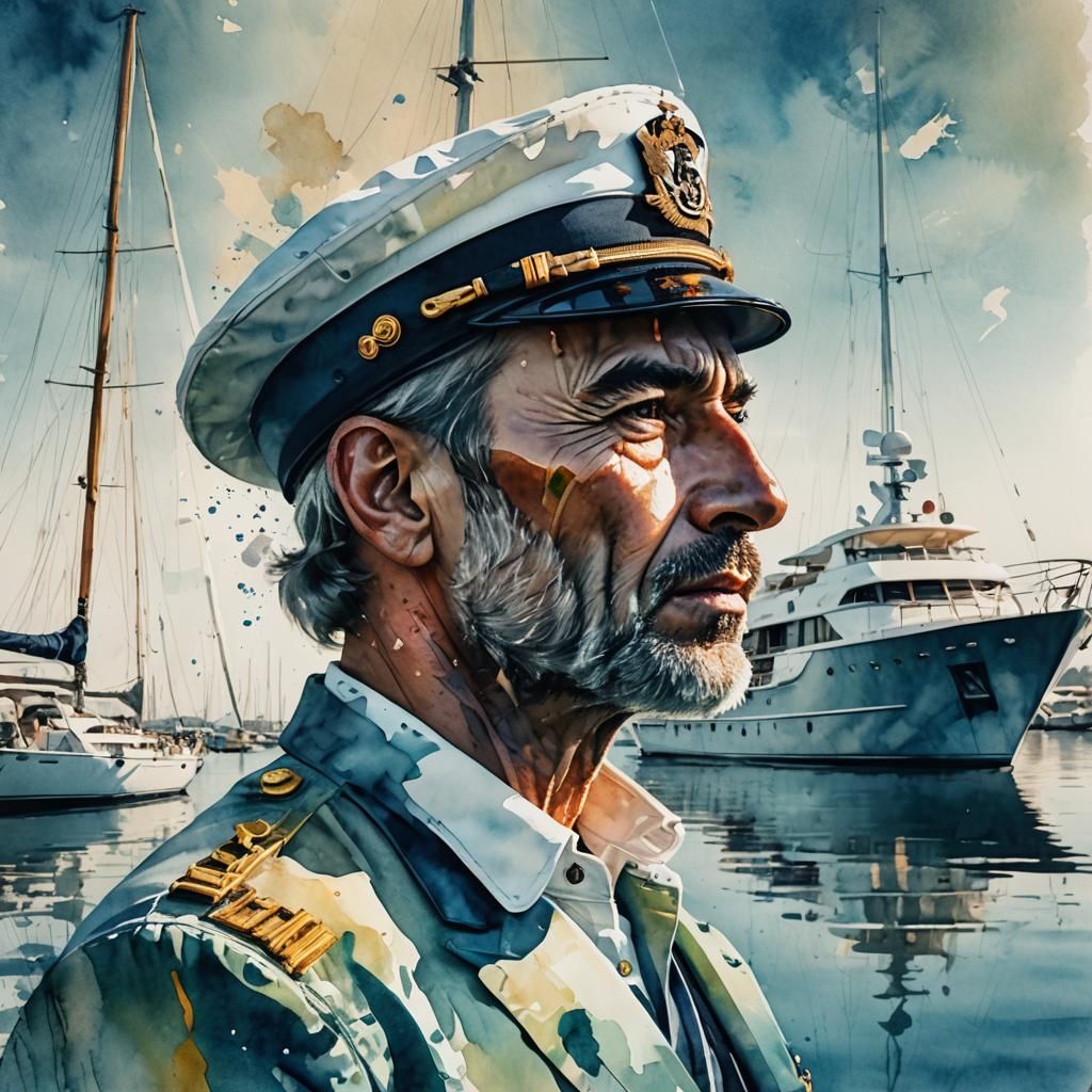 Yacht Captain Profile in Double Exposure Watercolor
