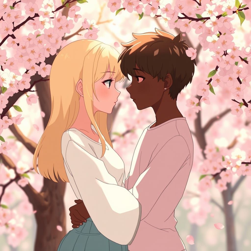 Whimsical Anime Scene: Tender Moment Under Cherry Blossoms