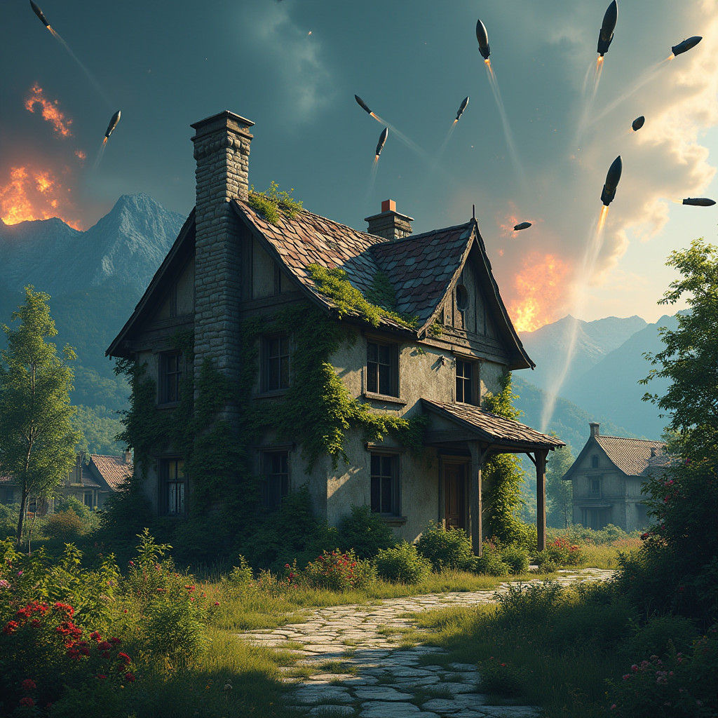 Dystopian Cottage Under Missile Fire: Stalenhag Style