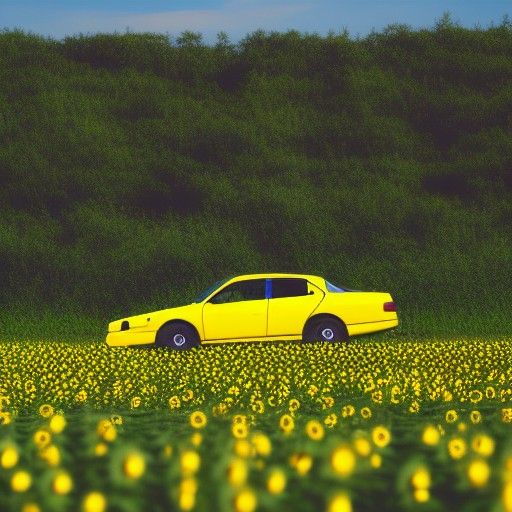 Vintage Yellow Car in Blue Sunflower Field