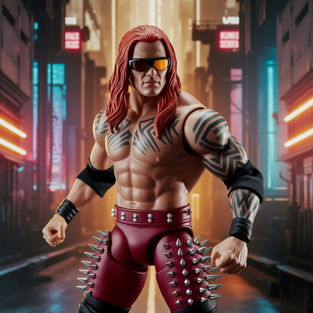 Cyberpunk Wrestler Action Figure in Gritty Cityscape