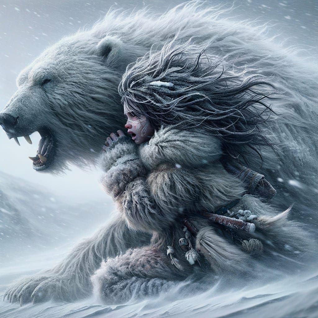 Eskimo Girl Braves Blinding Blizzard with Polar Bear Compani...