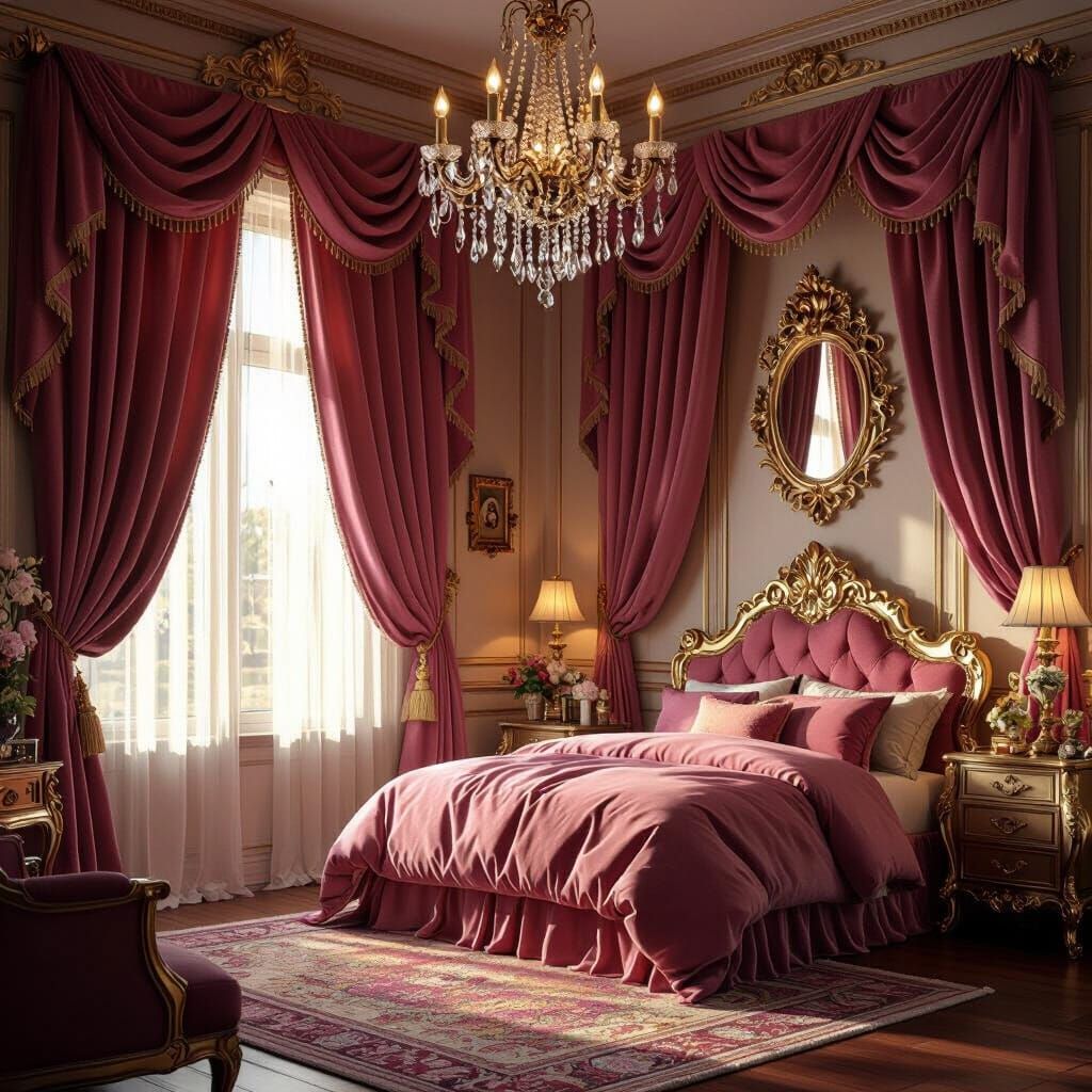 Charming Opulent Bedroom with Gilded Mirror and Chandelier