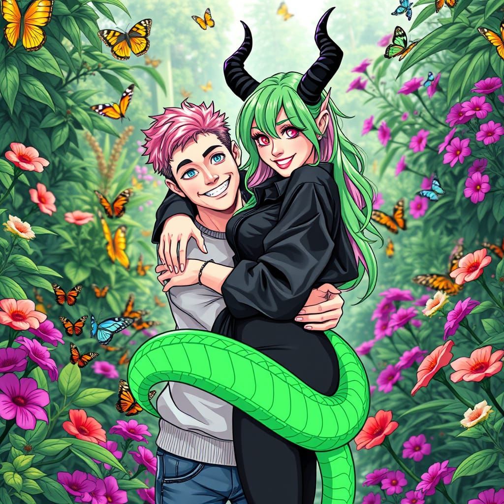 Vibrant Couple in Gothic Garden, Black and White Line Art