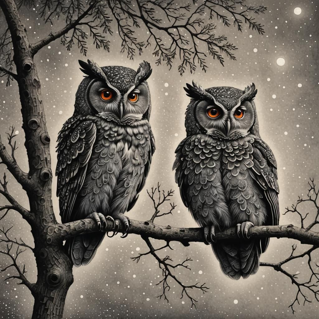 Nocturnal Owls in Pointillist Charcoal Drawing
