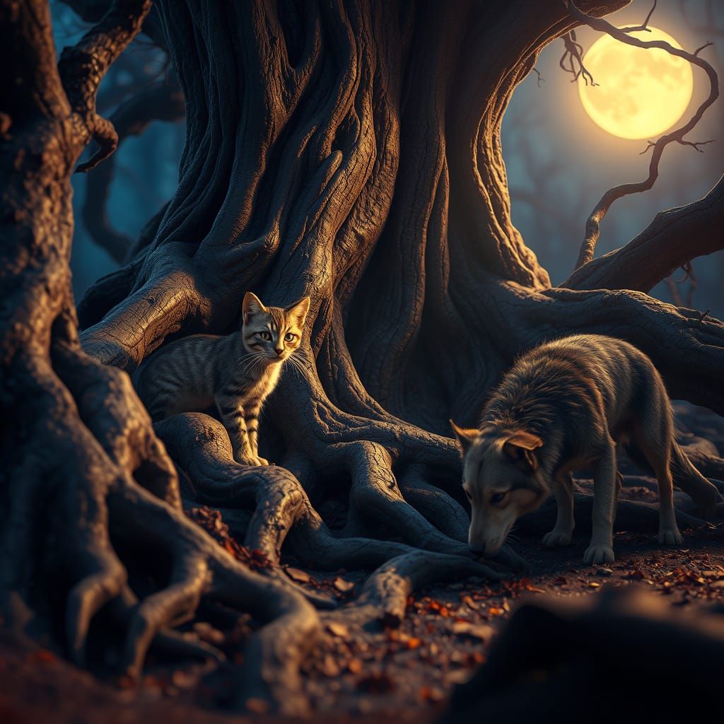 Moonlit Whiskered Feline Hides in Ancient Forest