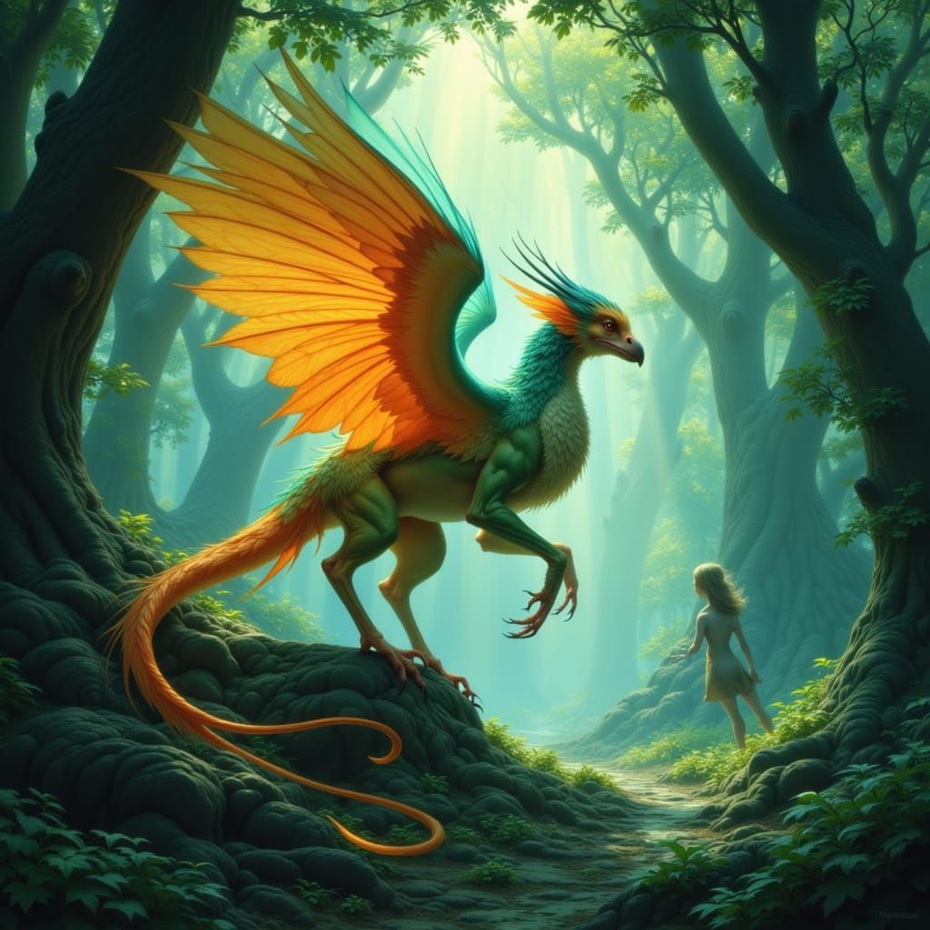 Phoenix Heals Injured Dragonling in Mystical Forest