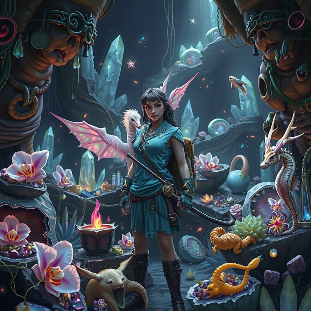 Bioluminescent Crystal Cavern Adventure in Ethereal Neon Sty...