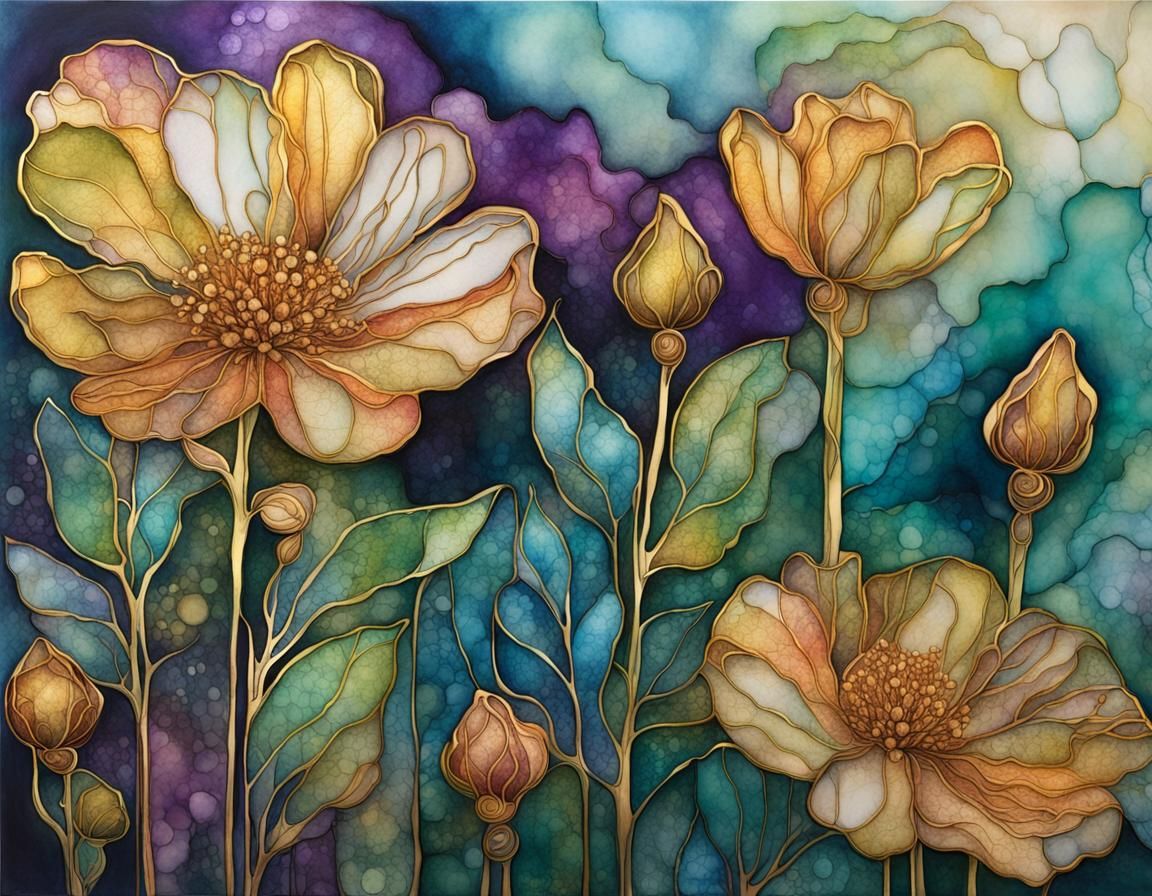 Abstract Botanical Flowers in Gold Alcohol Ink