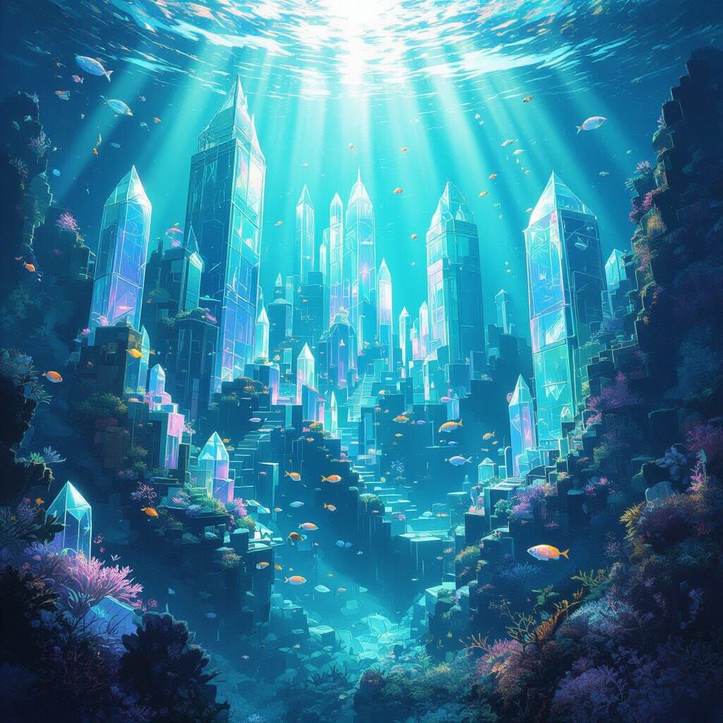 Glass Underwater City Ruins in Ethereal Anime Style