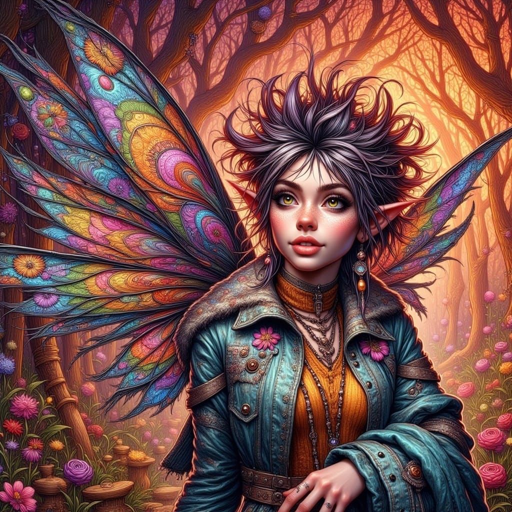 Vibrant Pixie in Moonlit Forest, Fantasy Art