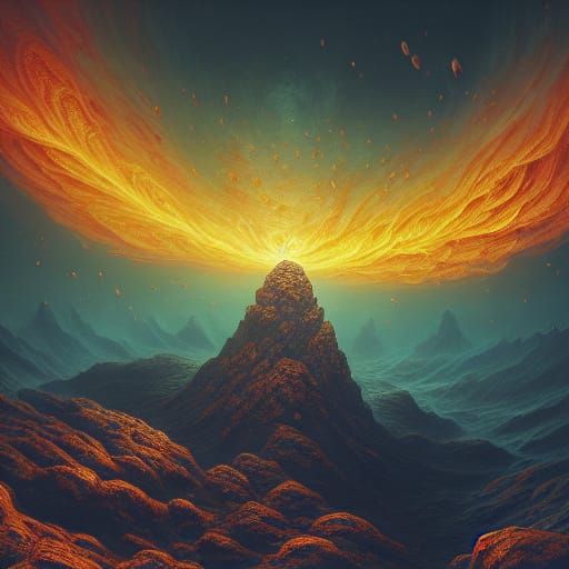 Surreal Dark Fantasy Artwork of a Baby Ogre in a Lava Storm