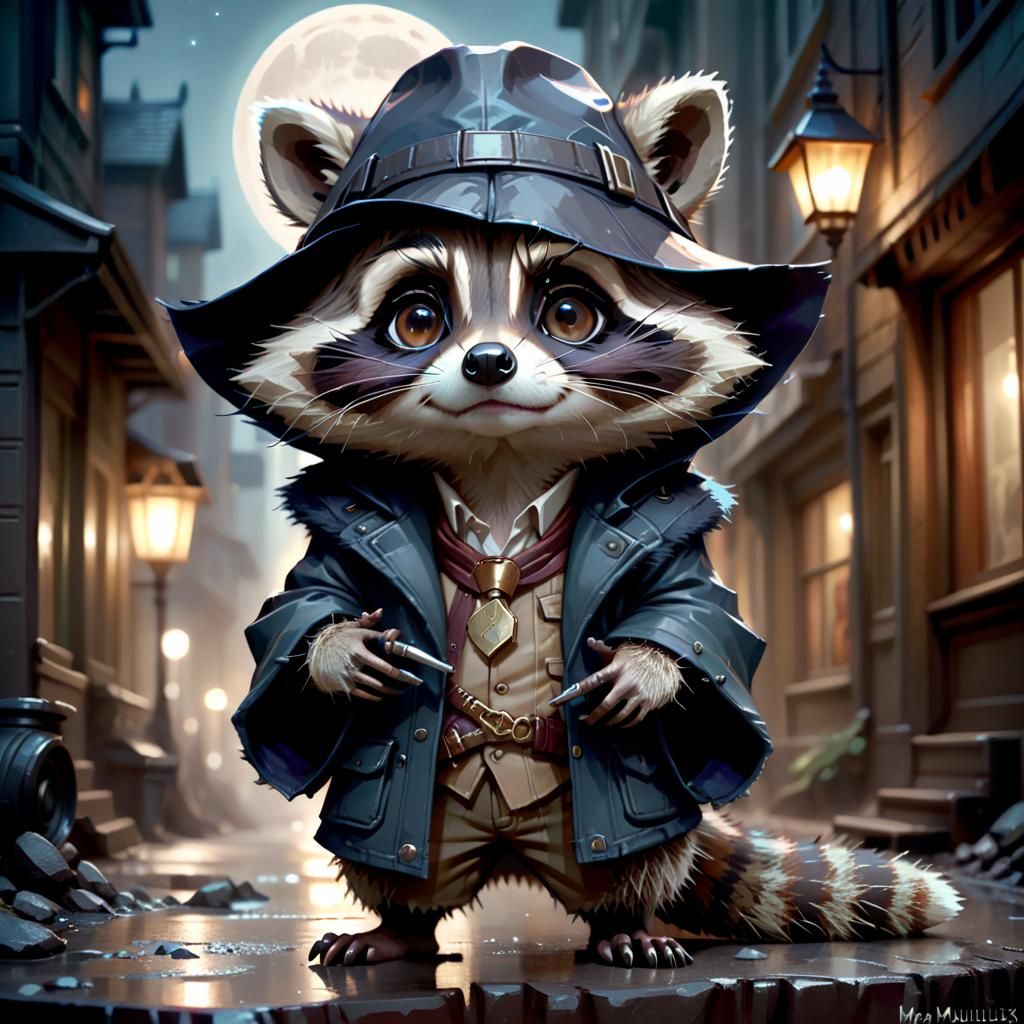 Raccoon as Harry Dresden in 3D with Dramatic Lighting