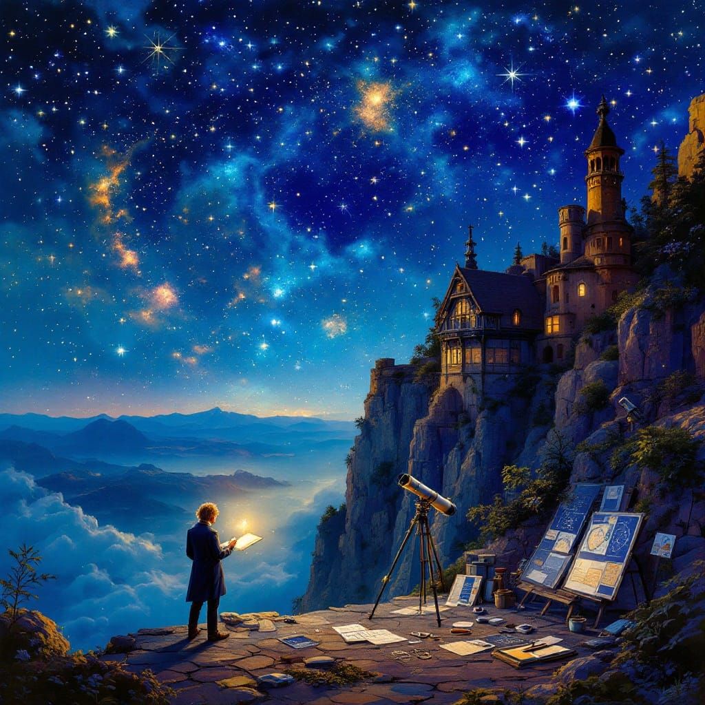 Inventor in Celestial Observatory Amidst Starry Night