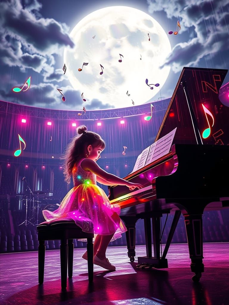 Neon Child's Piano Concert in Hyperrealistic Style