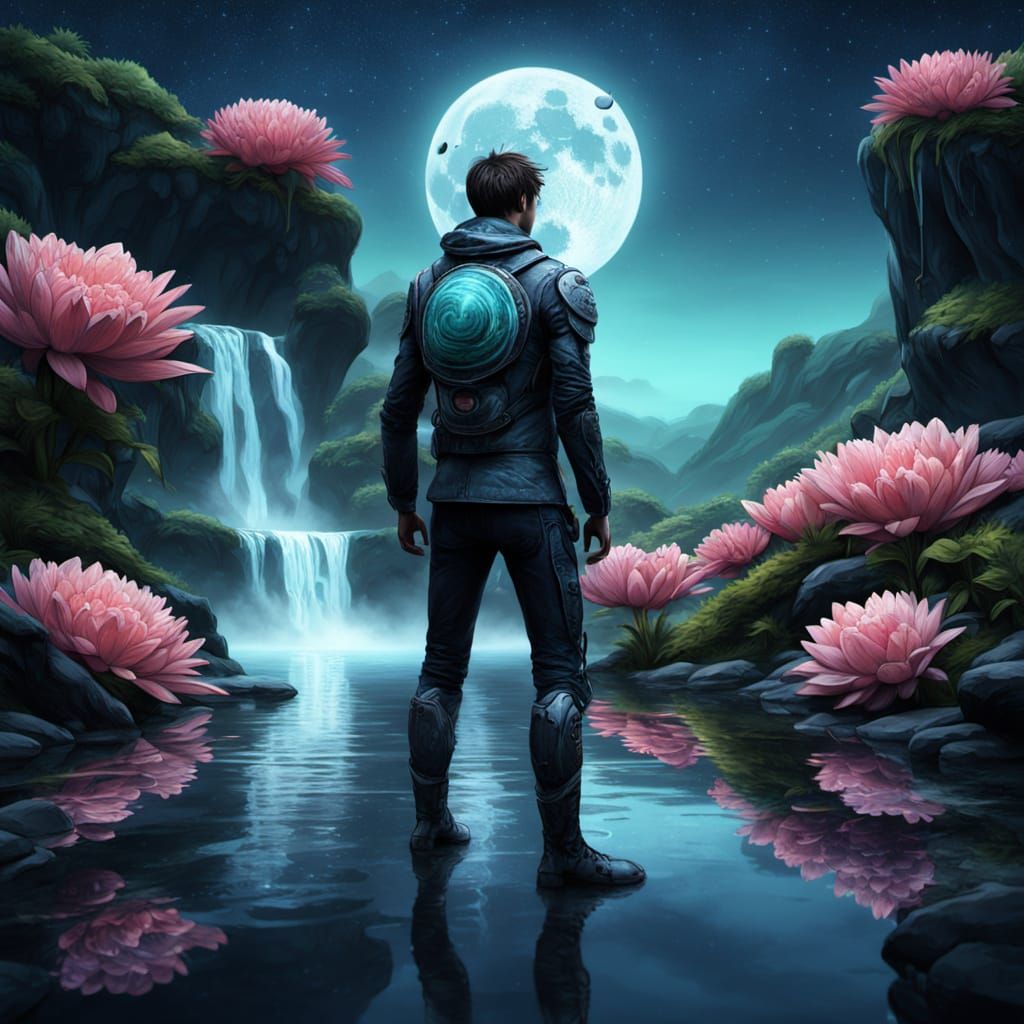 Futuristic Reptilian Man by Waterfall Under Starry Sky