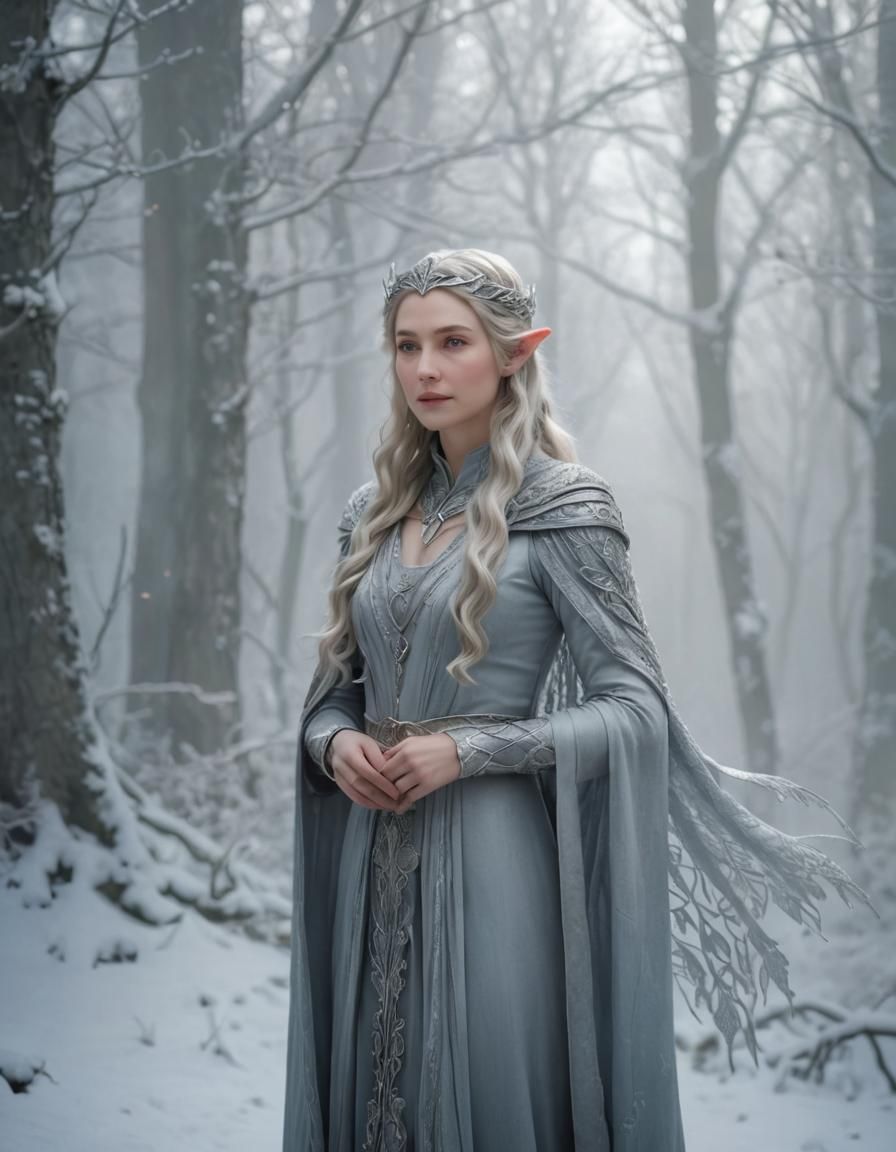 Ethereal Galadriel Portrait in Winter Forest
