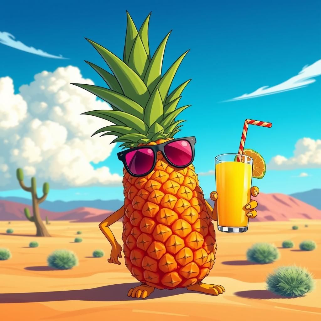 Anthropomorphic Pineapple in Desert, Manga Style