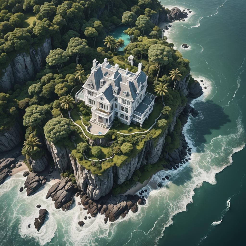 Aerial View of White Mansion on Island