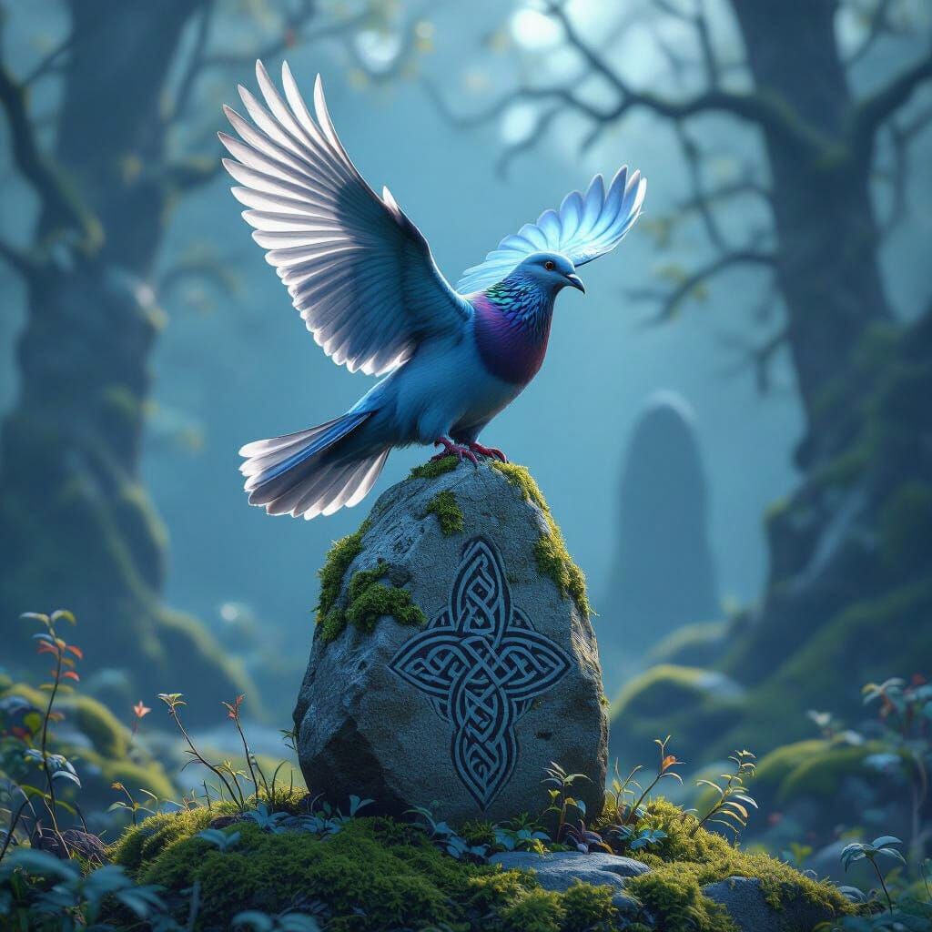 Dove Takes Flight from Celtic Stone, Fantasy Matte Painting