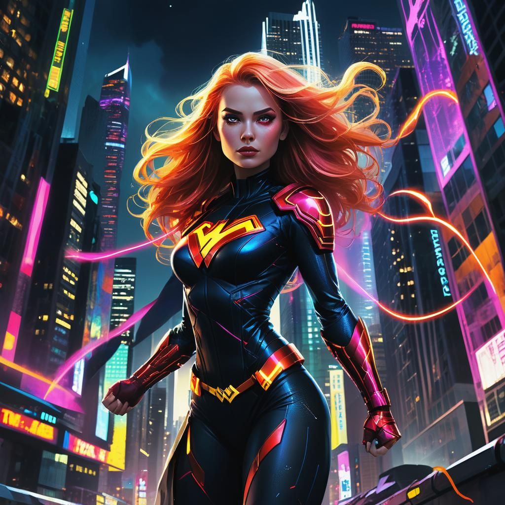 Superheroine Wielding Magic in Comic Book Style