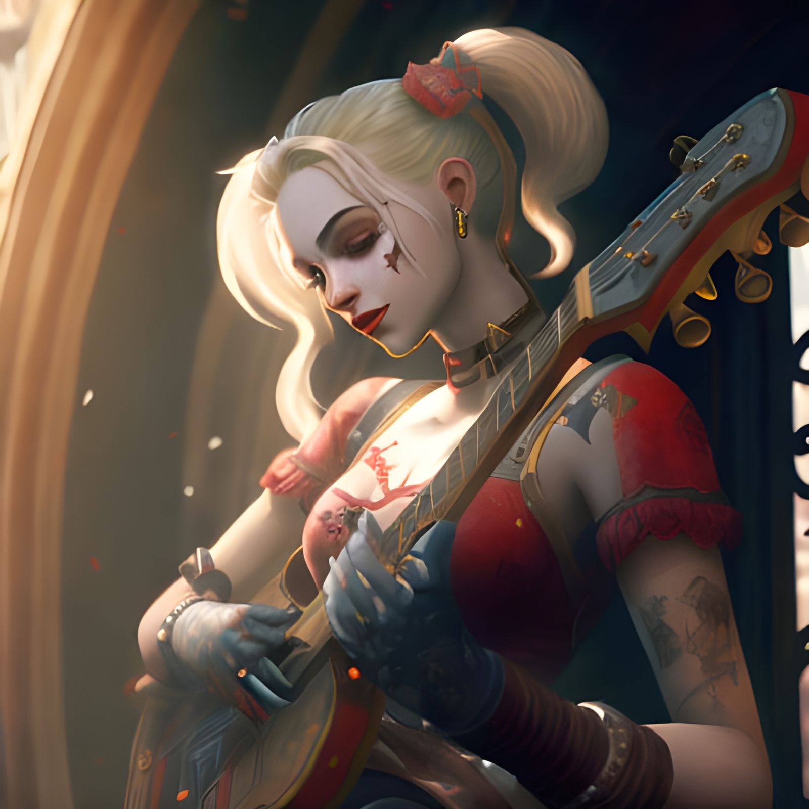 Harley Quinn Plays Mandolin: Hyperrealistic Digital Portrait