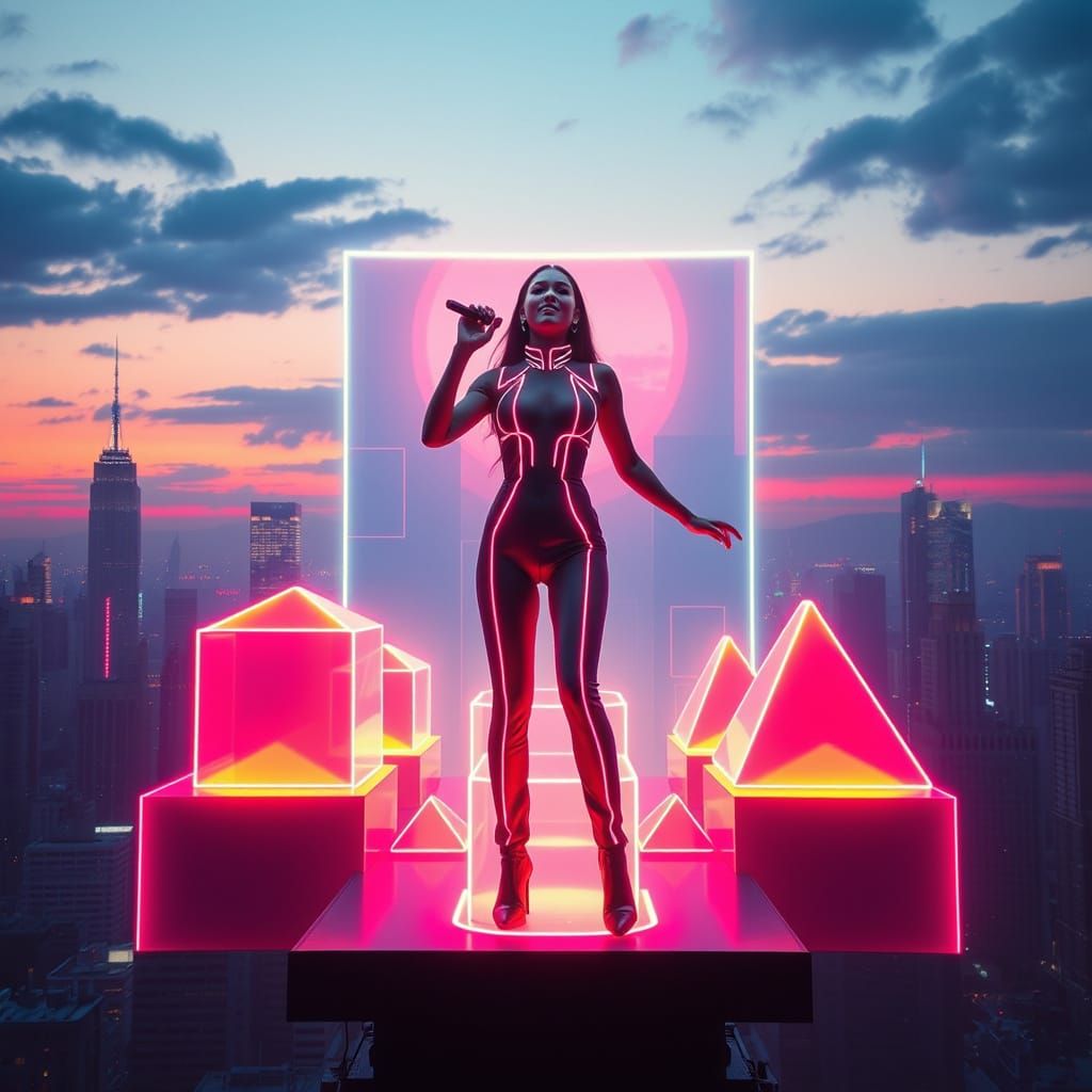 Retro-Futuristic Cityscape with Holographic Music Video