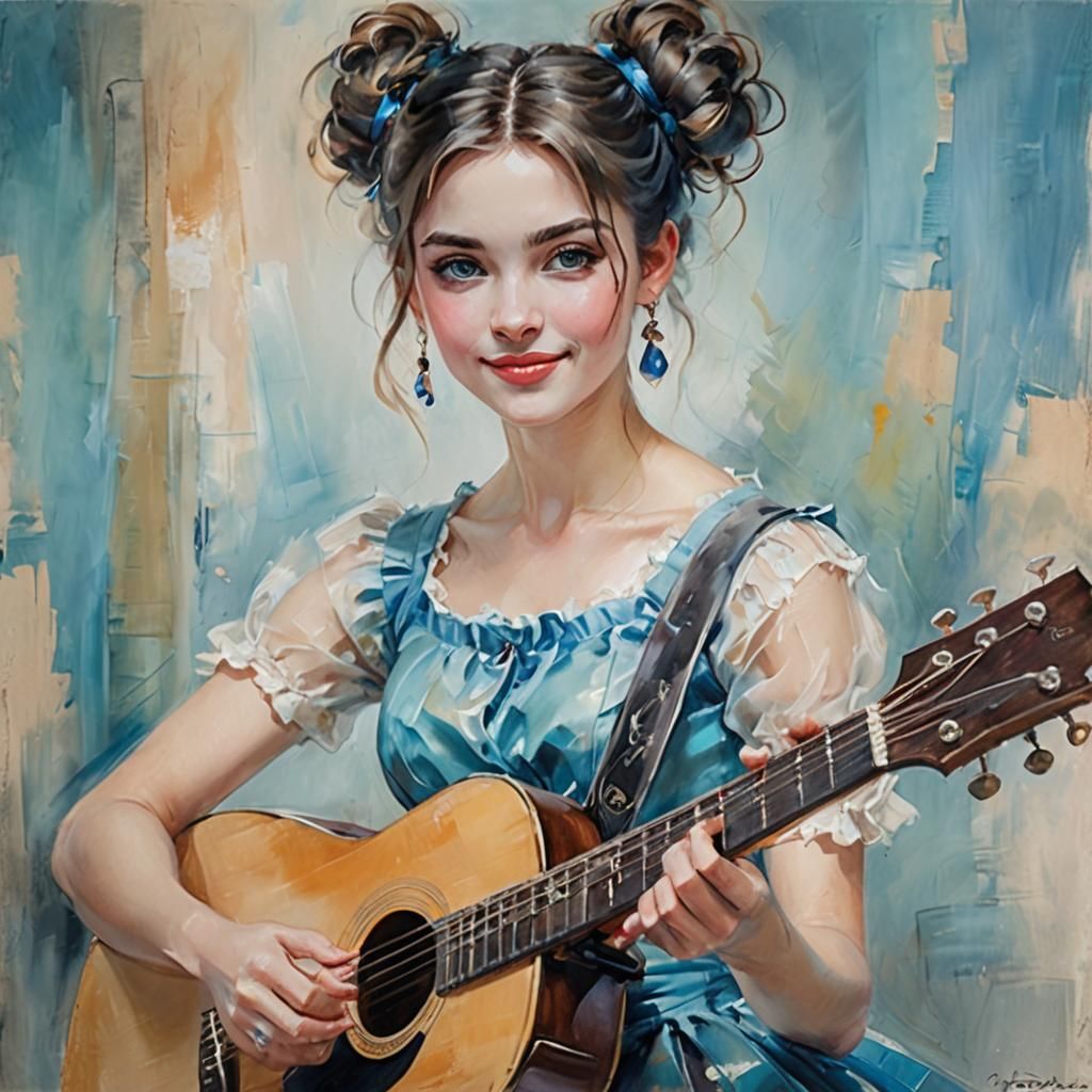 Girl Playing Guitar in Impressionistic Oil Painting
