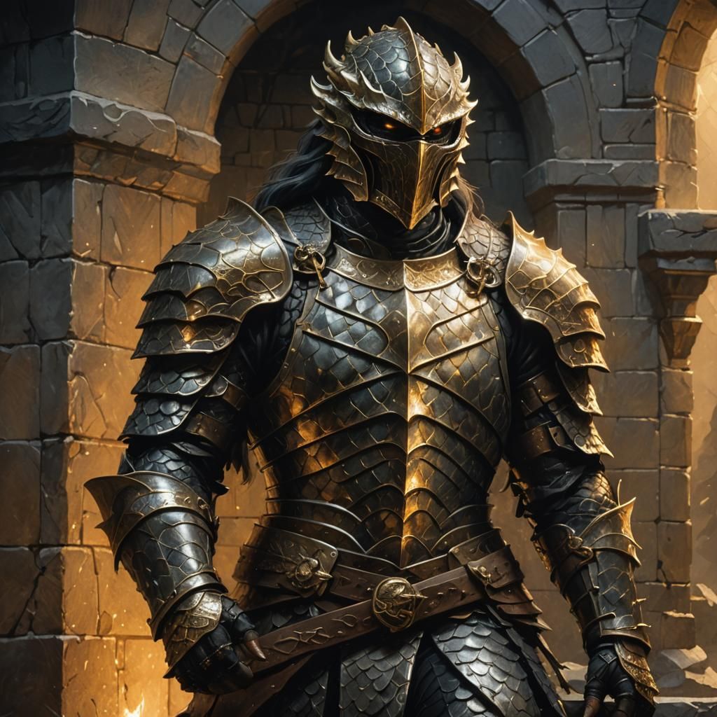 Black Dragon Scale Mail on Warrior in Dark Chamber