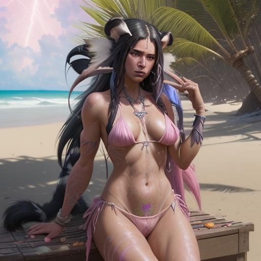 Skunk Shaman on Beach in Art Nouveau Style